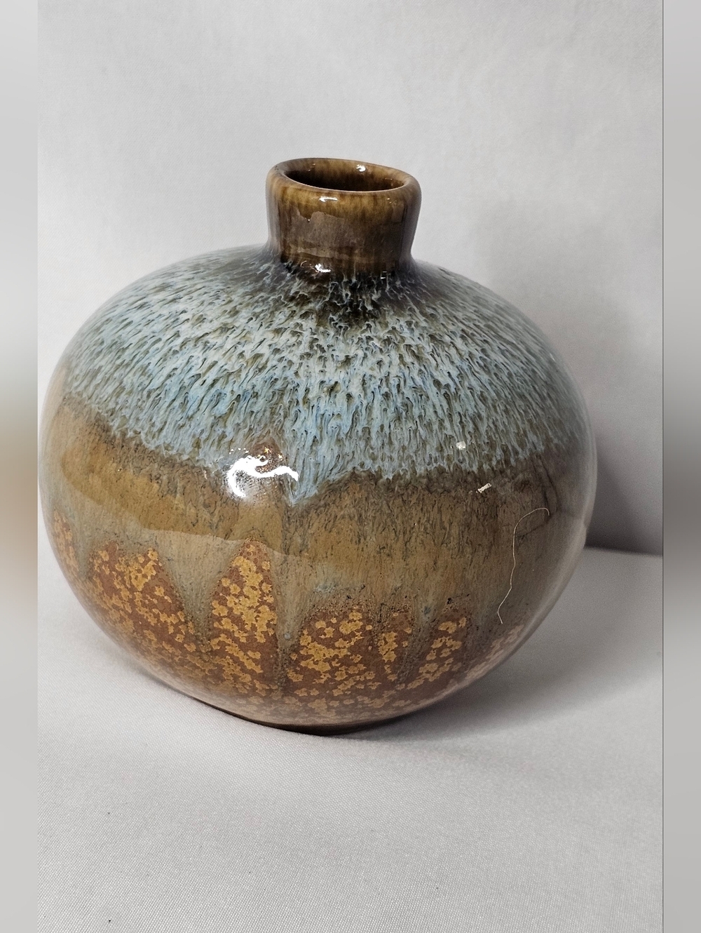 Studio Pottery Bud Vase Crystalline Drip Glaze Earth Tones MCM Round 4"